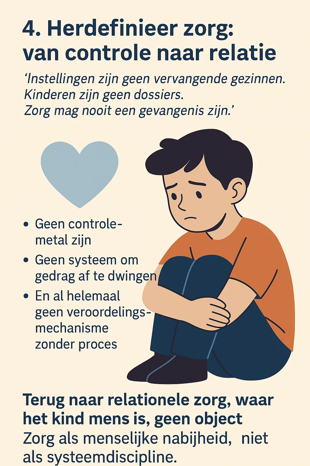 Poster in portretformaat toont een kind dat warmte ontvangt van een volwassene, als symbool voor relationele zorg in plaats van controle.