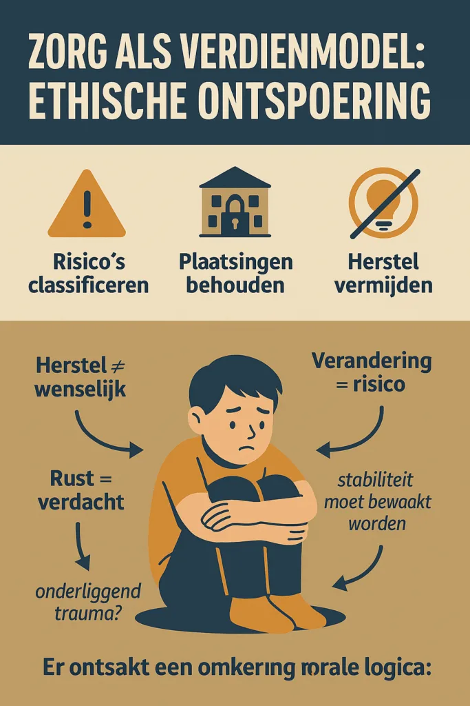 Poster in retro flat-style toont een verdrietig kind omringd door labels als "herstel = onwenselijk" en "verandering = risico", met daarboven iconen voor risicoclassificatie, plaatsingsbehoud en herstelvermijding.