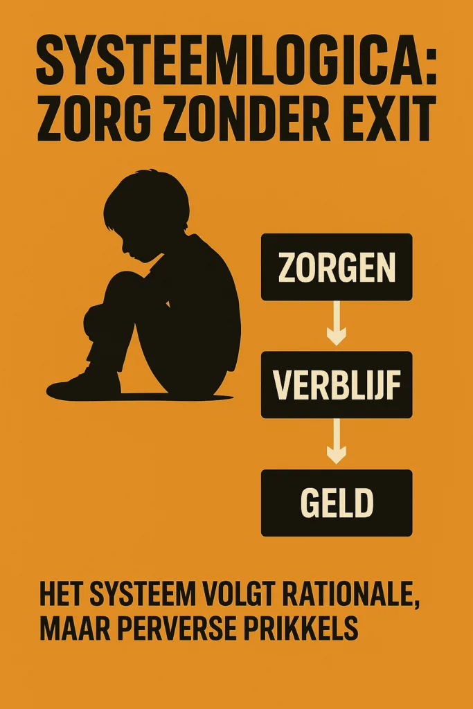 Poster met een flowchart van 'Zorgen → Verblijf → Geld' naast een stilzittend kind, op een oranje achtergrond.