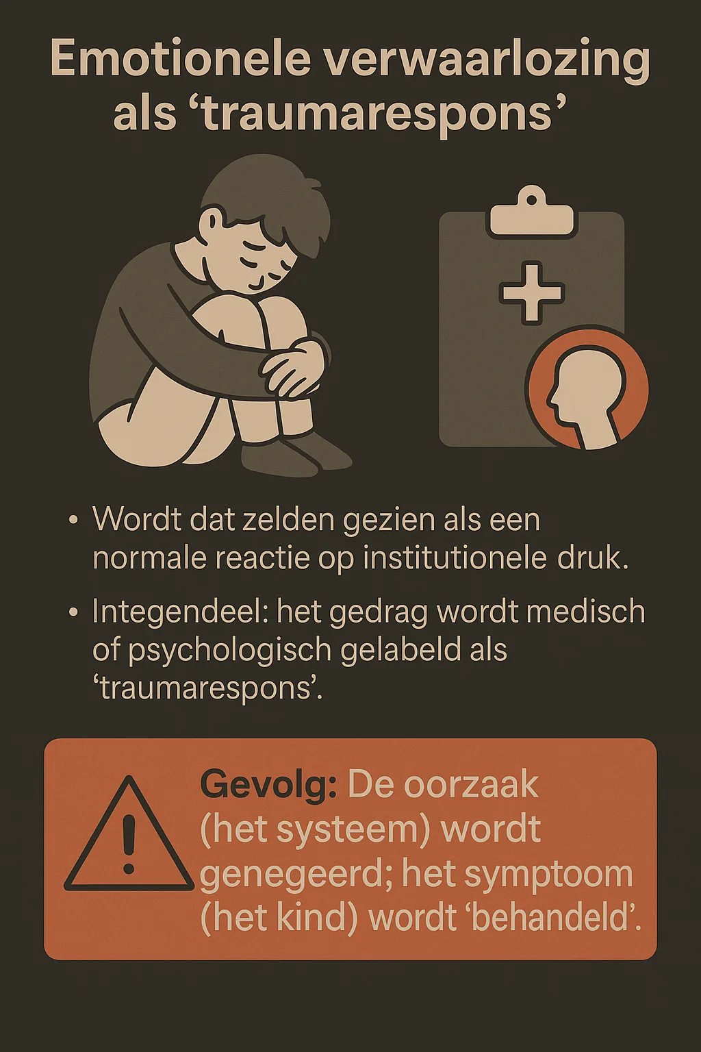 Infografiek waarin institutionele druk wordt afgebeeld als oorzaak van emotioneel teruggetrokken gedrag bij kinderen, dat onterecht als trauma wordt bestempeld.