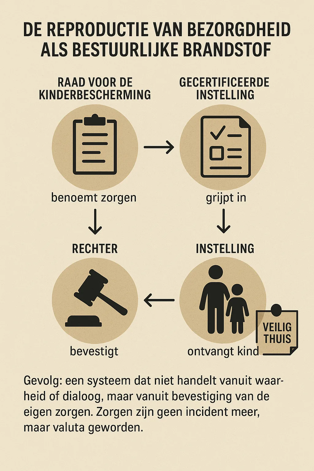 Infographic van het Nederlandse jeugdzorgsysteem als cyclus waarin zorgen leiden tot interventies, plaatsing en bekostiging, zonder toetsing of inspraak.