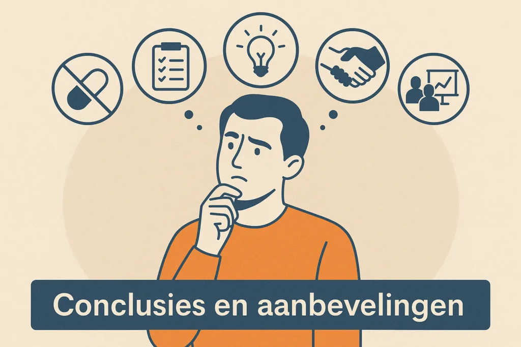 Man in oranje trui denkt na, omringd door symbolen van zorgaanbevelingen zoals checklist, lamp en verbod op pillen.