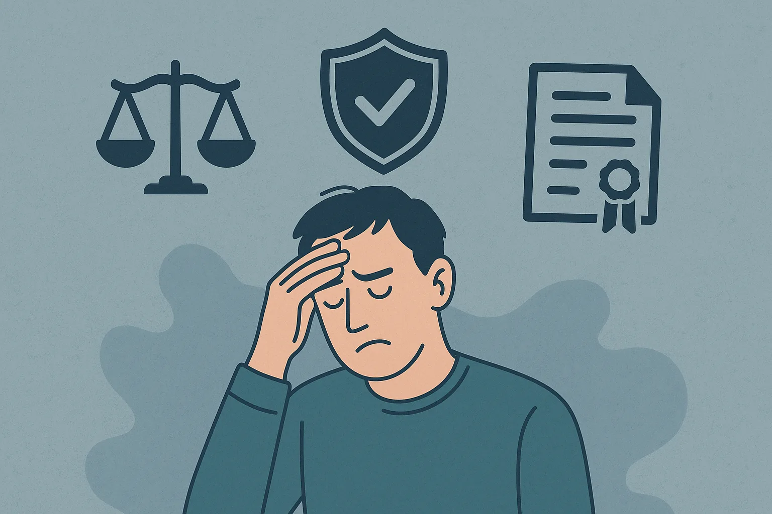 Illustratie van een bezorgde man met iconen van een weegschaal, wettelijk document en schild – symbool voor juridische en ethische dilemma’s in de GGZ.