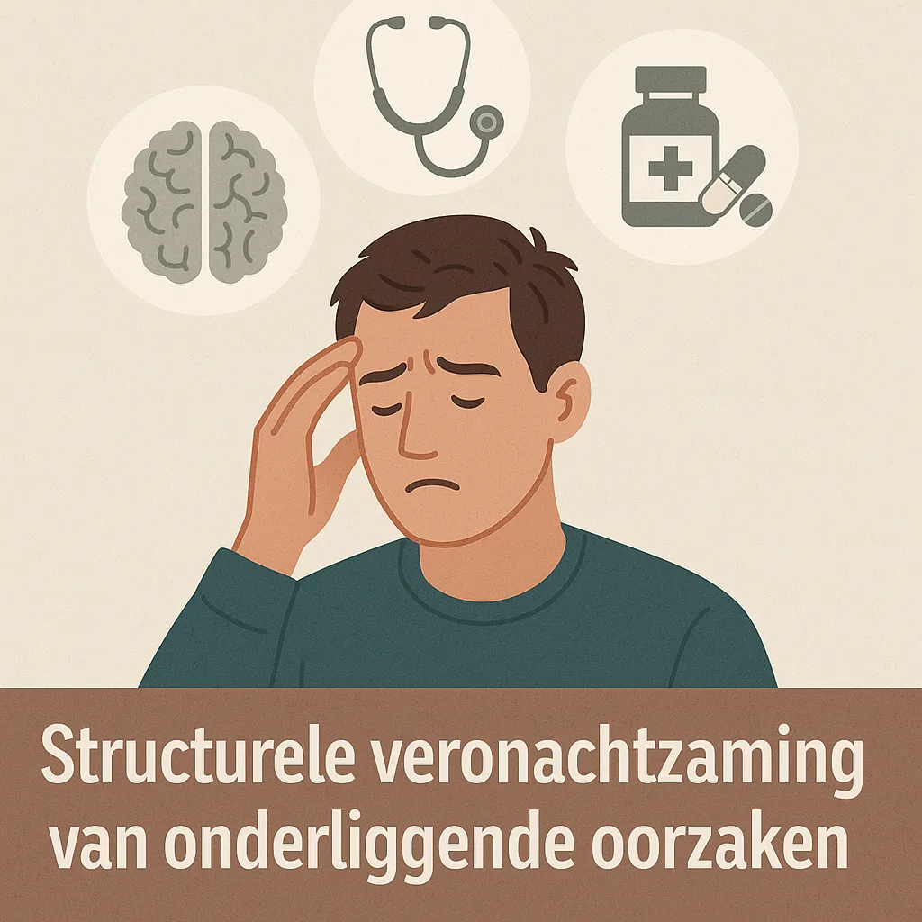 Illustratie van een bezorgde man omringd door symbolen voor hersenen, stethoscoop en medicatie – visuele metafoor voor verwaarloosde oorzaken in de GGZ.
