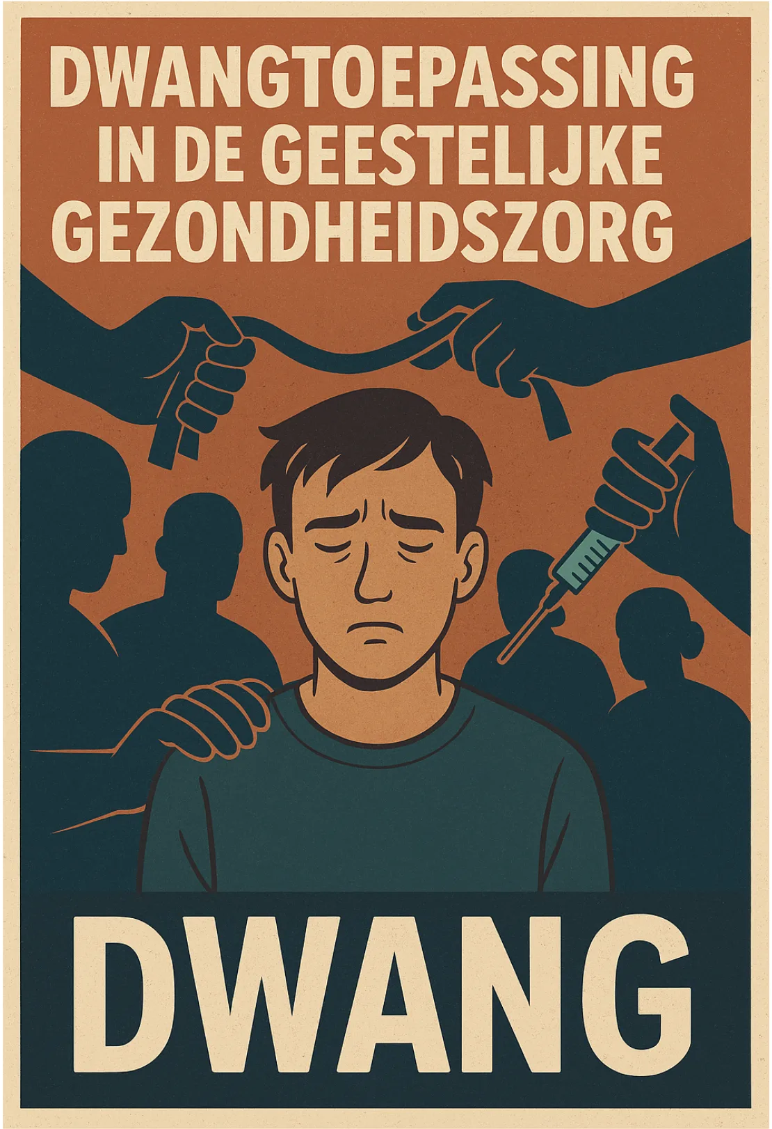 Illustratie van een patiënt die onder druk staat van gedwongen behandeling in de geestelijke gezondheidszorg.