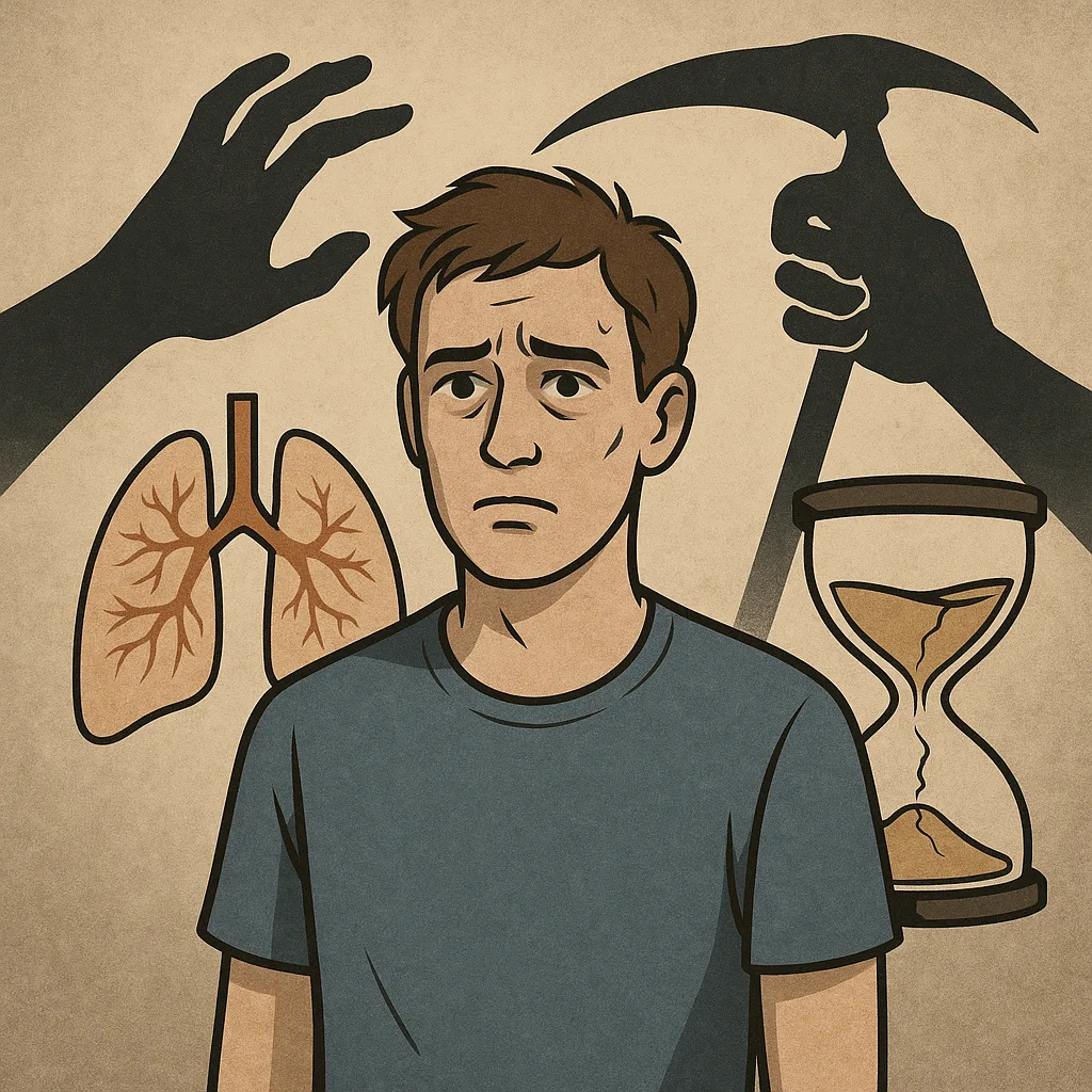 Illustratie van een bezorgde man met symboolbeelden van longen, een zandloper en de dood, die gezondheidsrisico’s en sterftekans verbeelden.