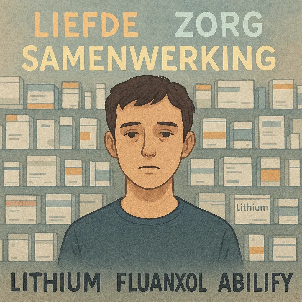 Symbolische weergave van de strijd tussen medicatie en menselijkheid in de geestelijke gezondheidszorg.