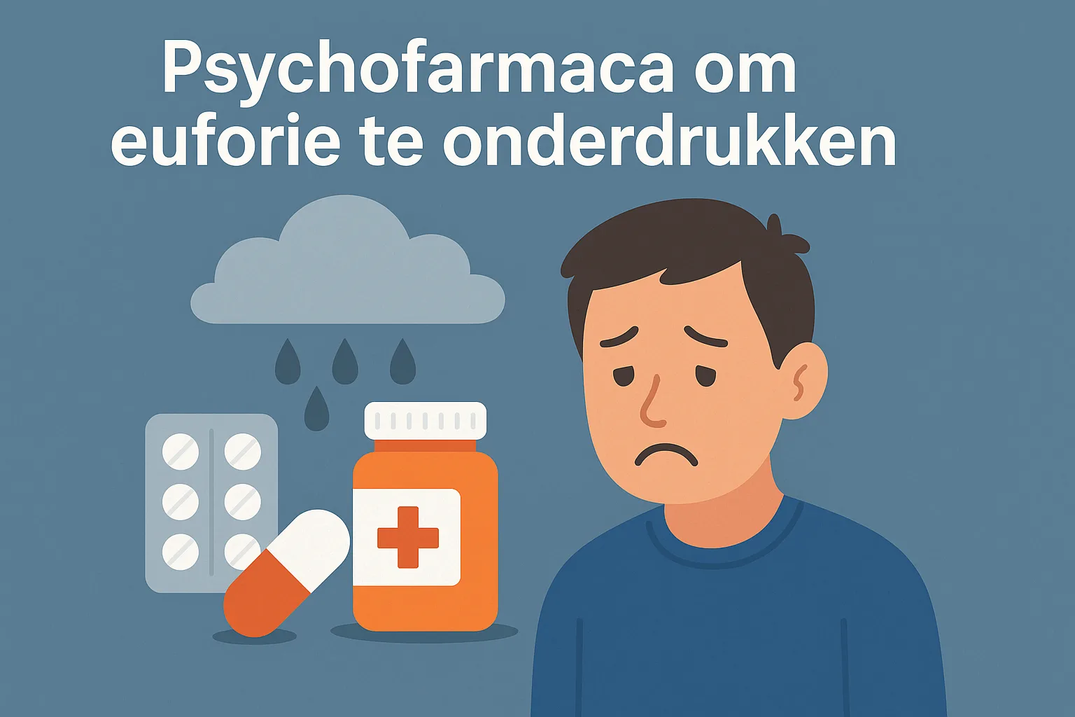 Illustratie van een verdrietige man met medicijnen en regenwolk, onder de tekst “Psychofarmaca om euforie te onderdrukken”