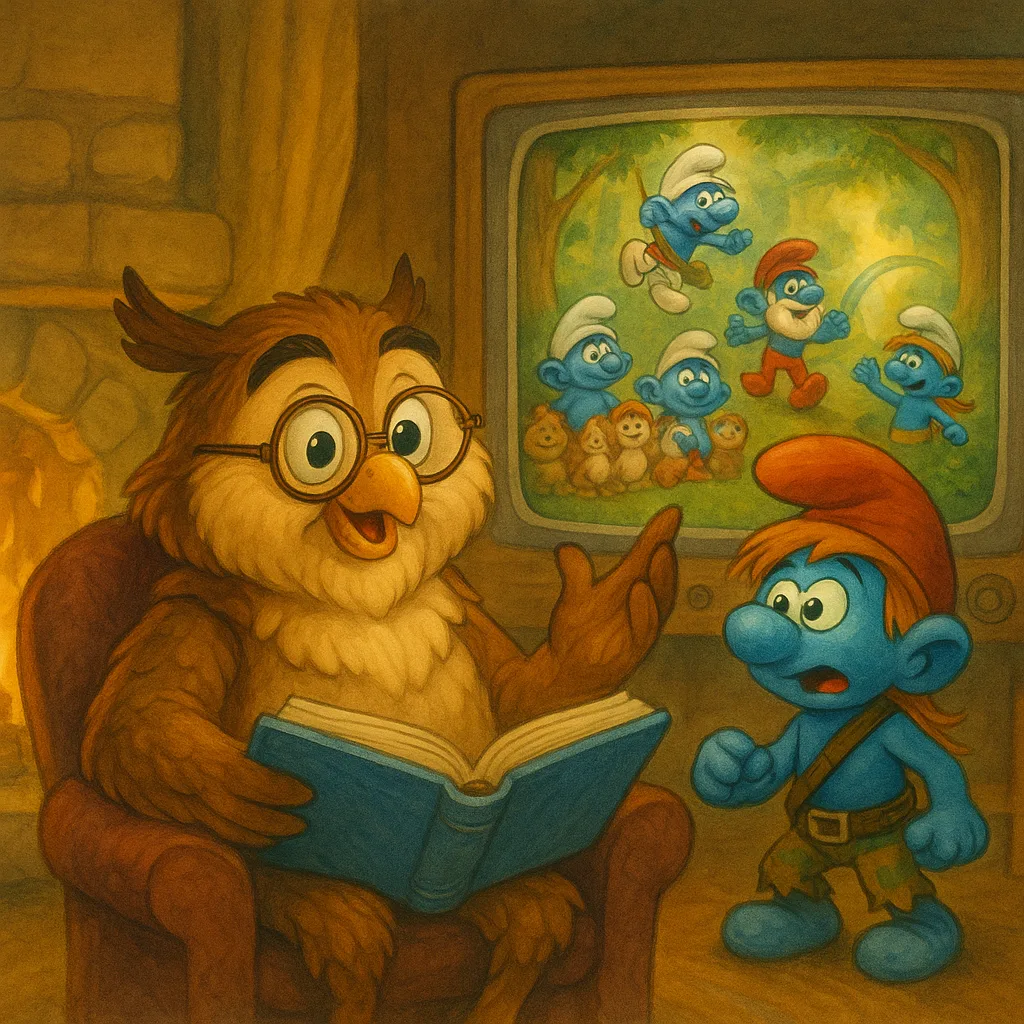 Meneer de Uil leest voor in zijn leunstoel, met op de achtergrond beelden van het avontuur.