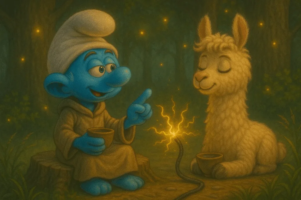 FilosoofSmurf zit met Chico Lama bij het kampvuur en filosofeert in de schemering.

