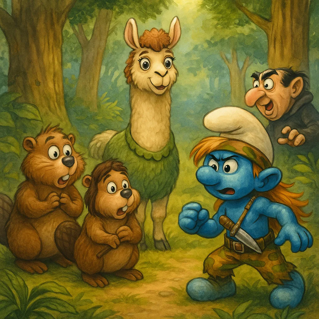 Tarzan-Smurf zwaait terwijl de Smurfen afscheid nemen van Chico Lama en de bevers.