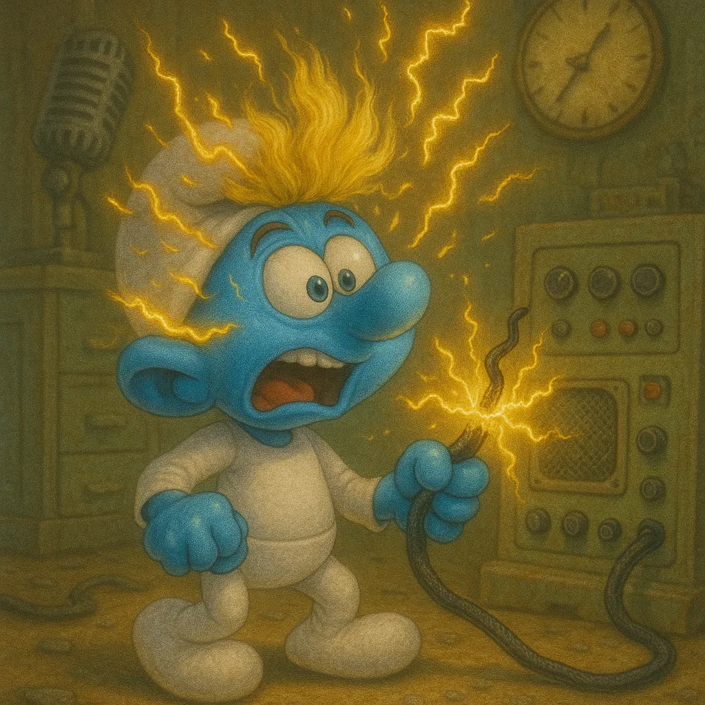 Elektriciensmurf krijgt een elektrische schok in een oud zendstation.
