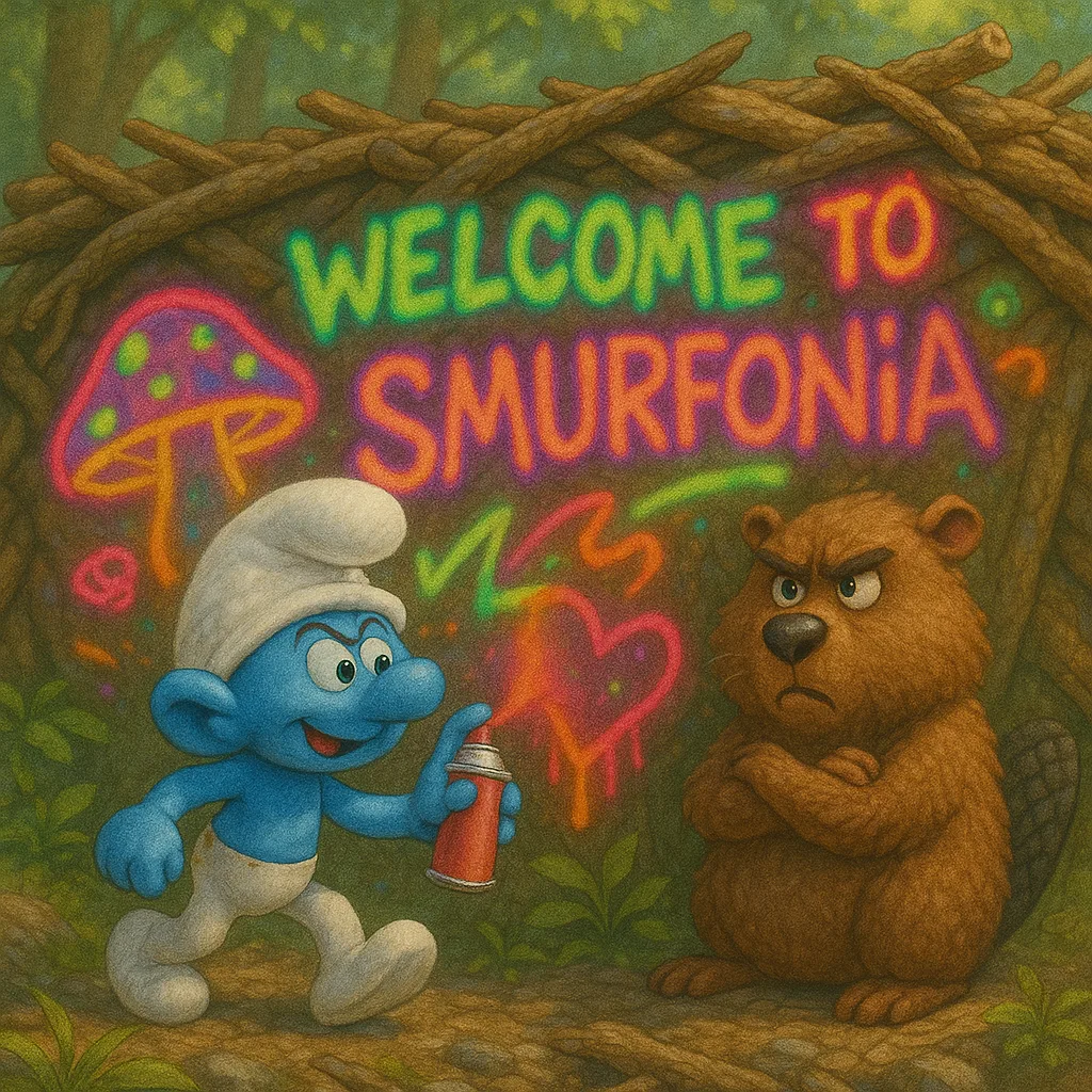 GraffitiSmurf spuit kleurrijke graffiti op een beverdam terwijl een bever boos toekijkt.