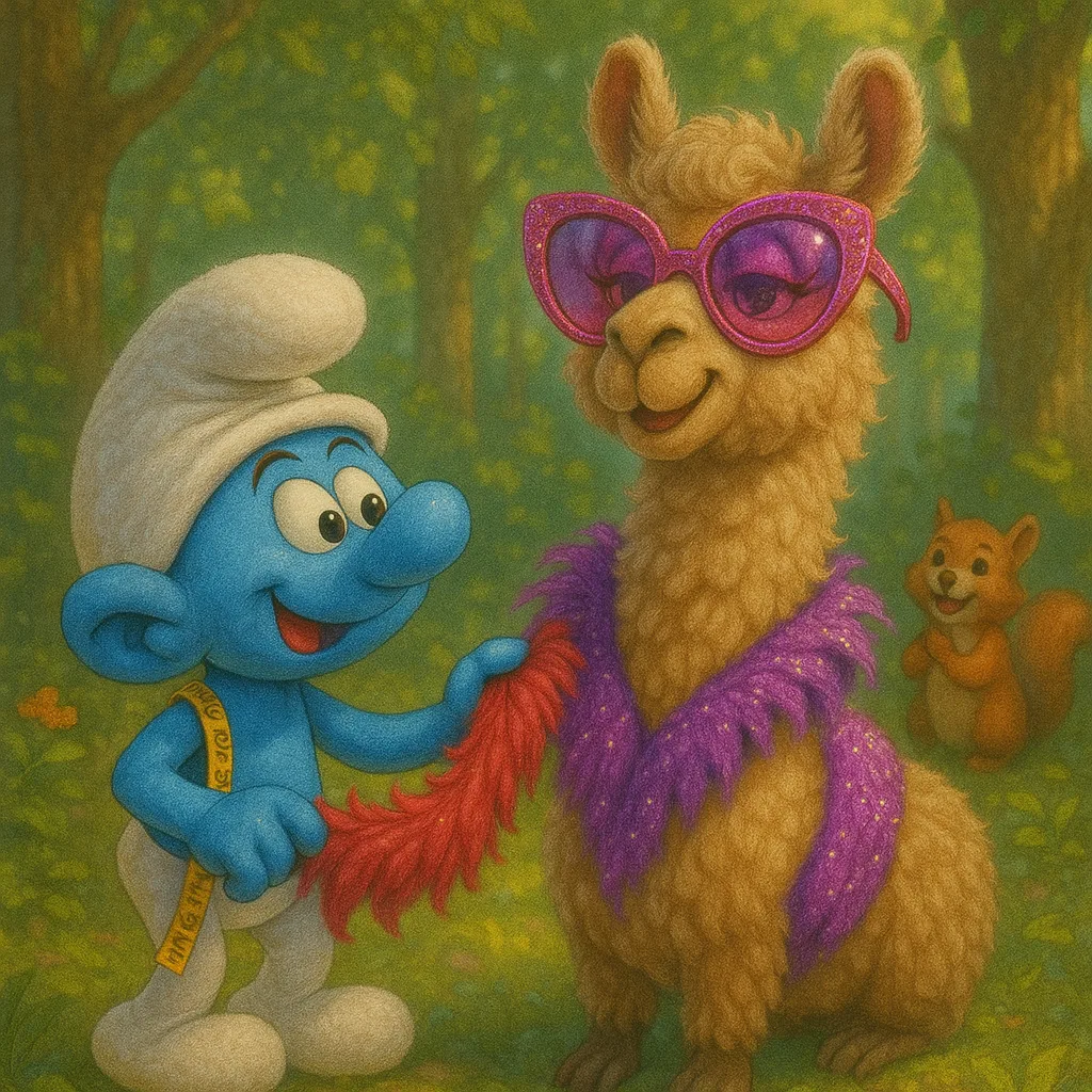 Modeontwerpersmurf kleedt Chico Lama aan met een paarse boa en roze glitterzonnebril.