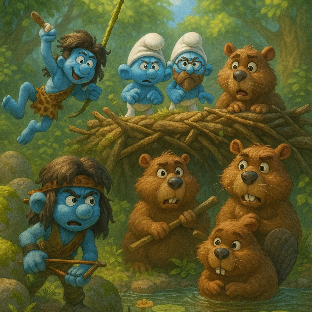 Tarzan-Smurf slingert aan een liaan terwijl Rambo-Smurf zich verstopt, en de bevers verbaasd toekijken.