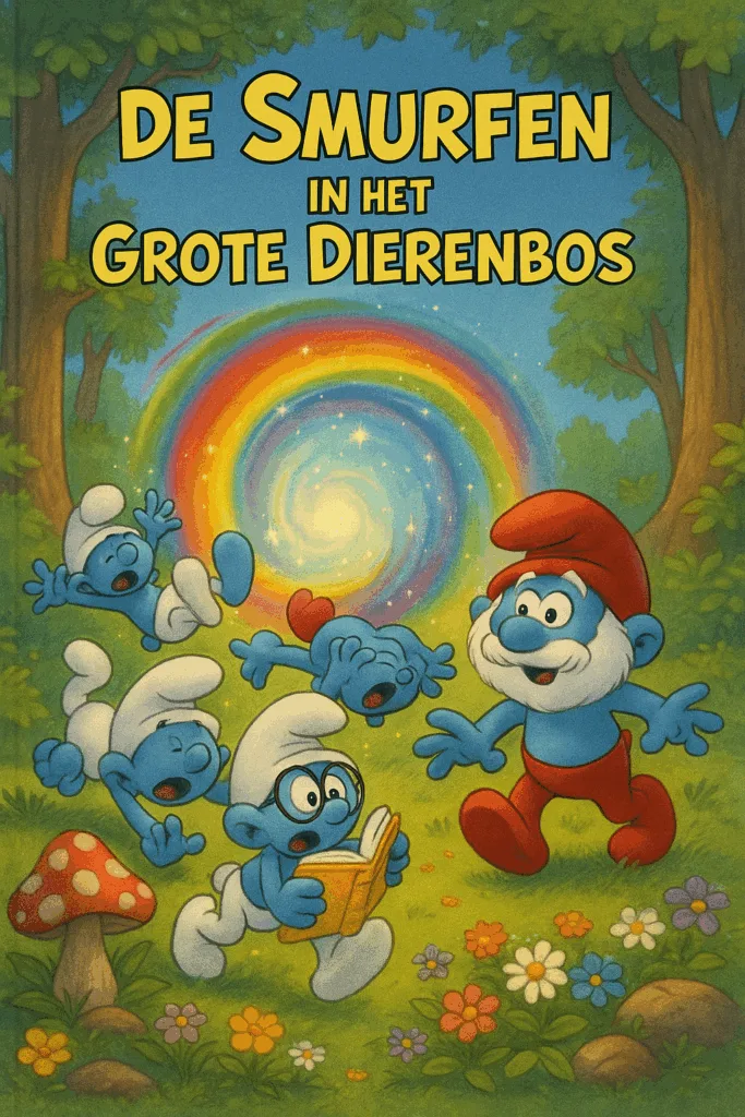 Smurfen in het bos bij een glanzend portaal, luisterend naar Meneer de Uil die voorleest.