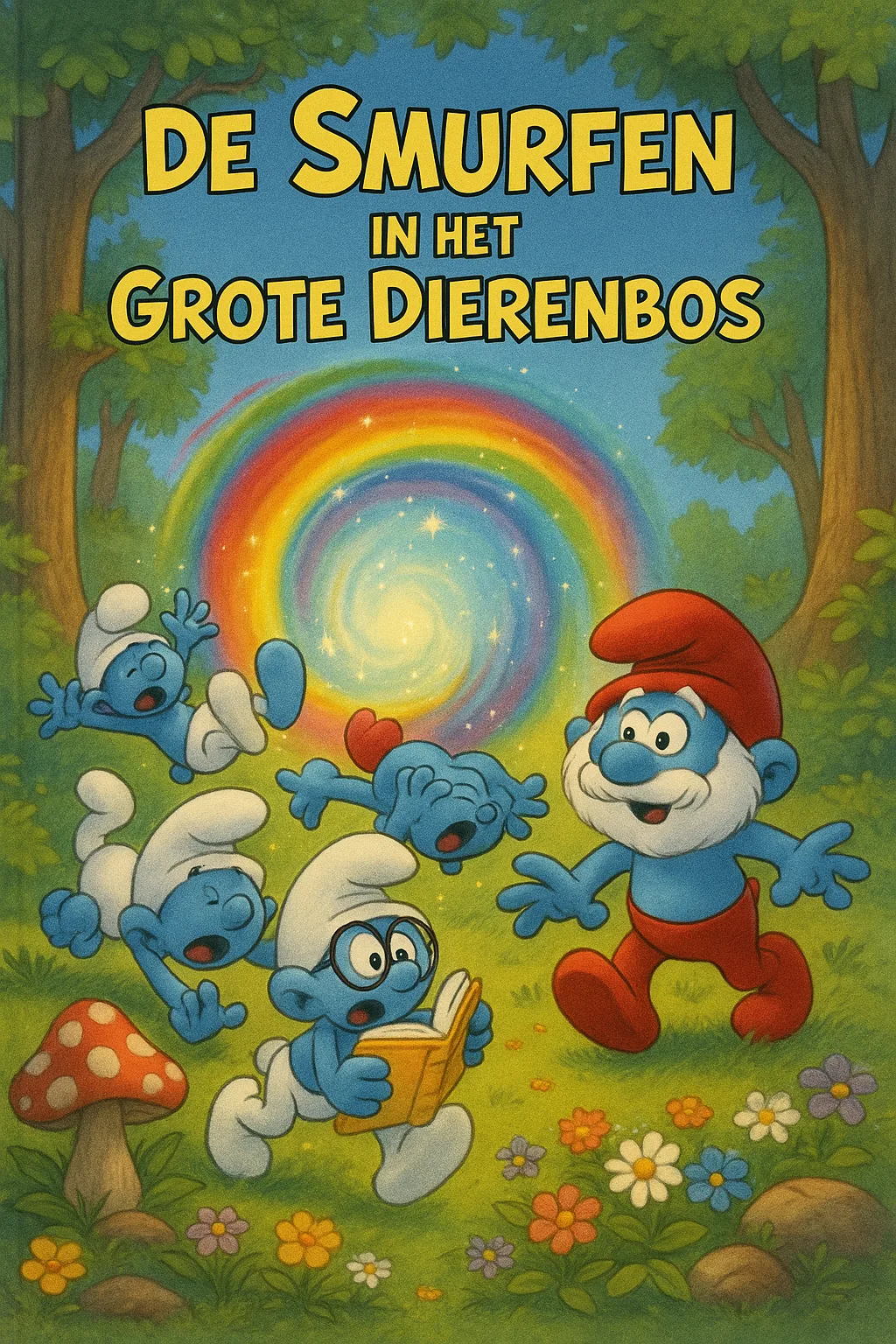 Omslag van het voorleesboek met Smurfen die uit een regenboogportaal vallen in een kleurrijk bos.