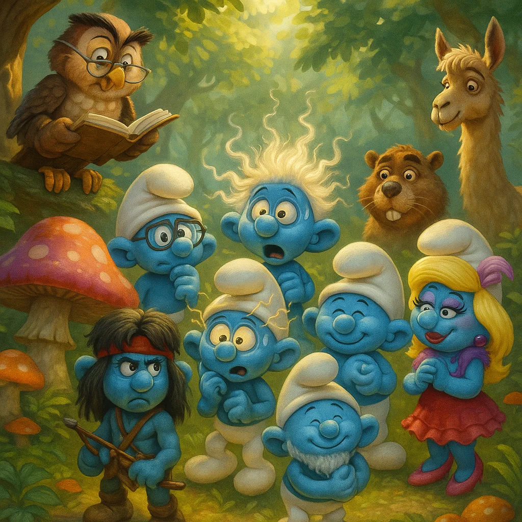 Meneer de Uil leest voor terwijl de Smurfen verbaasd rondkijken in het Grote Dierenbos.