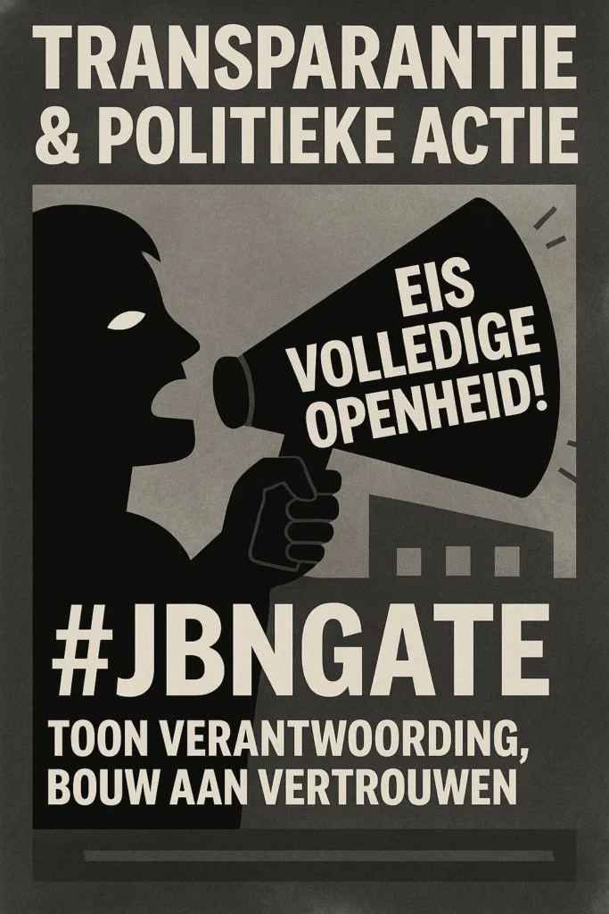 Campagneposter roept op tot transparantie en politieke actie met #JBNgate en megafonische oproep tot openheid