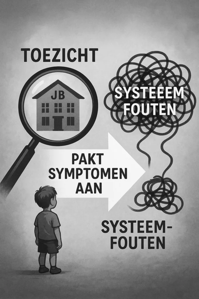 Toezicht richt zich op symptomen terwijl systeemfouten blijven bestaan – illustratie met vergrootglas en kind