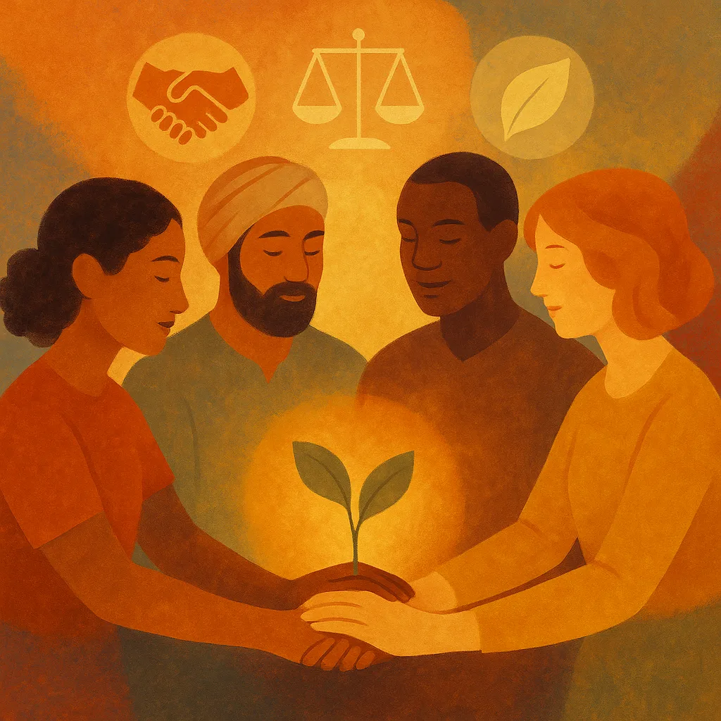 Diverse mensen werken samen rond een groeiend plantje als symbool voor gedeelde waarden.