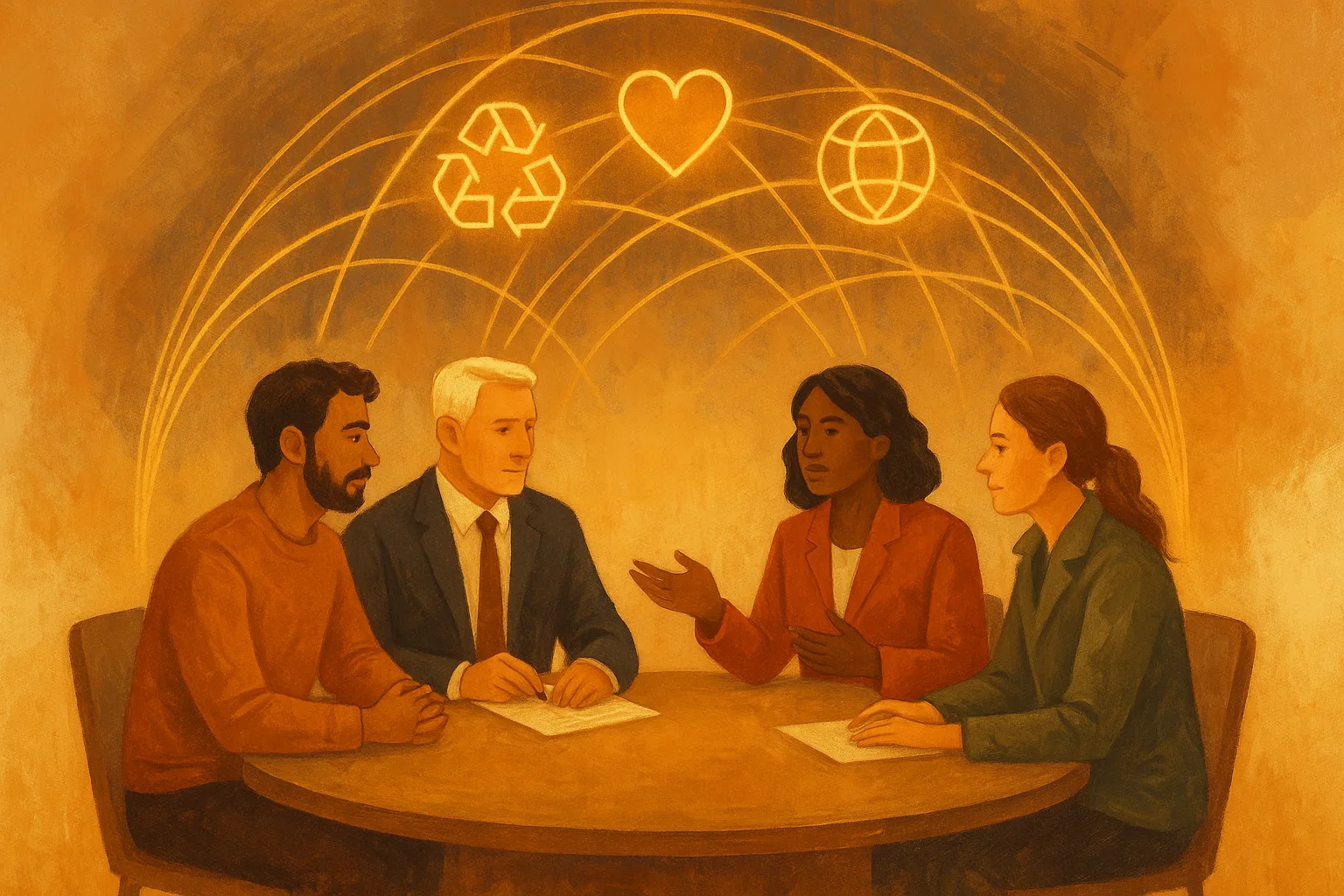 Vier belanghebbenden – burger, ondernemer, ambtenaar en NGO – overleggen aan ronde tafel