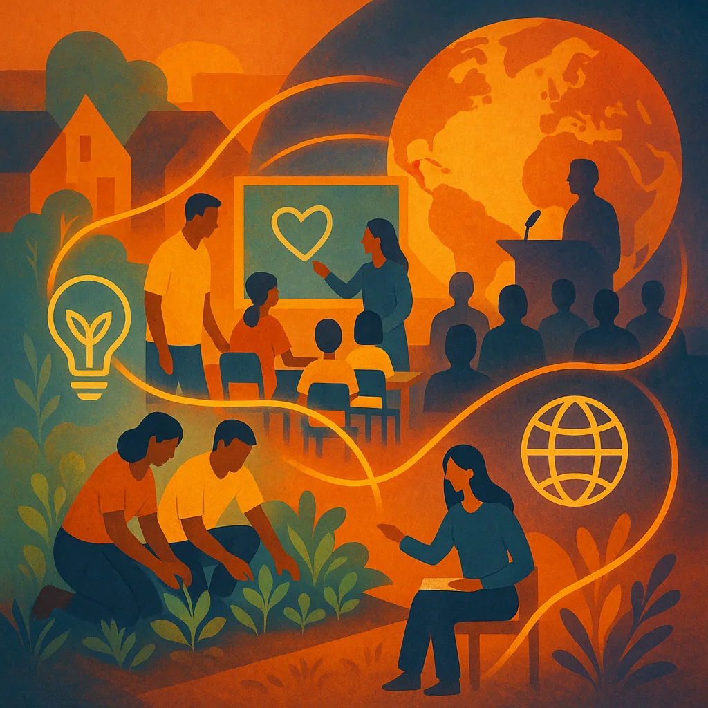 Wereldwijde en lokale gemeenschappen die via samenwerking verbonden zijn.