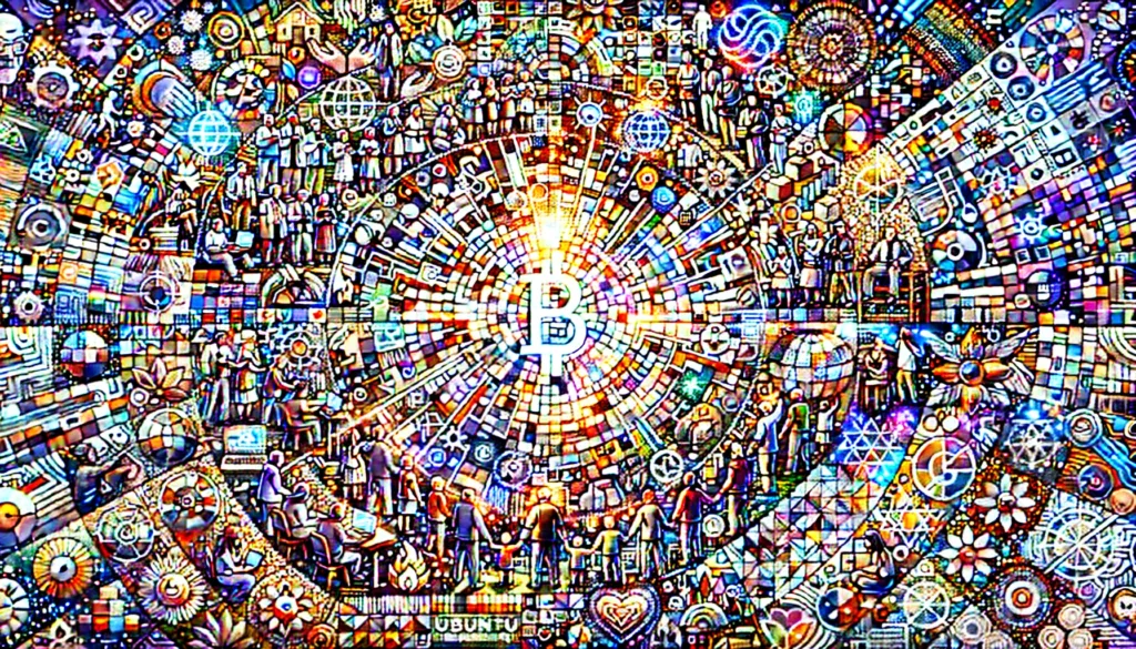 Mensen uit alle lagen van de samenleving weven samen een gloeiend wandkleed met het Ubuntu-symbool in het midden