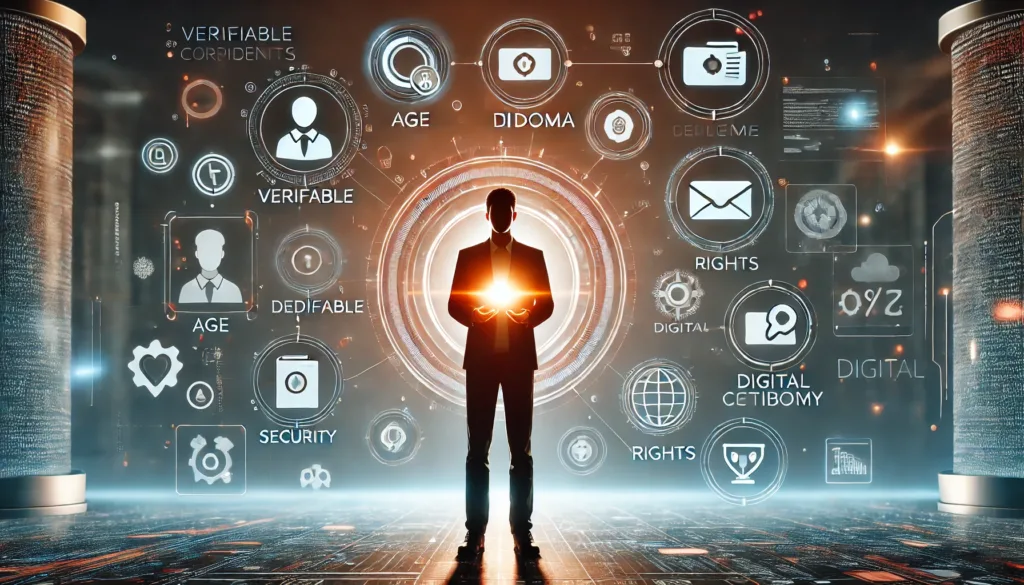 Persoon houdt een digitale wallet vast met controle over eigen gegevens zoals leeftijd en diploma in een futuristische setting