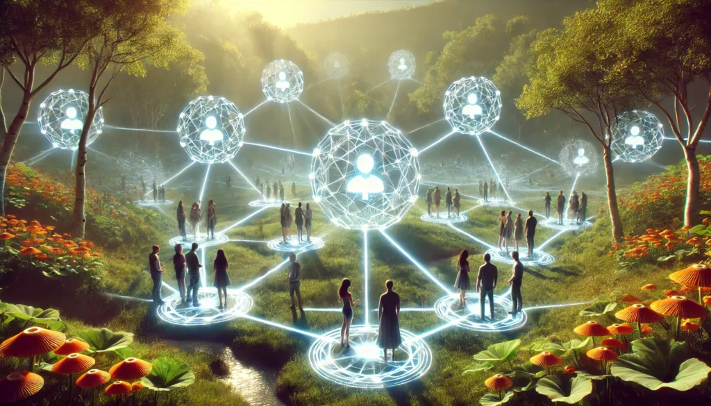 Mensen in een natuurlijk landschap verbonden via lichtlijnen en digitale identiteitsknooppunten in een Web 3.0-netwerk