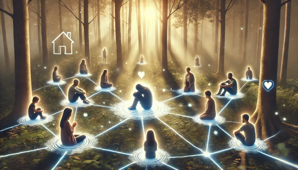 Kwetsbaar persoon omringd door zorgzame mensen, verbonden door lichtlijnen in een rustige bosomgeving