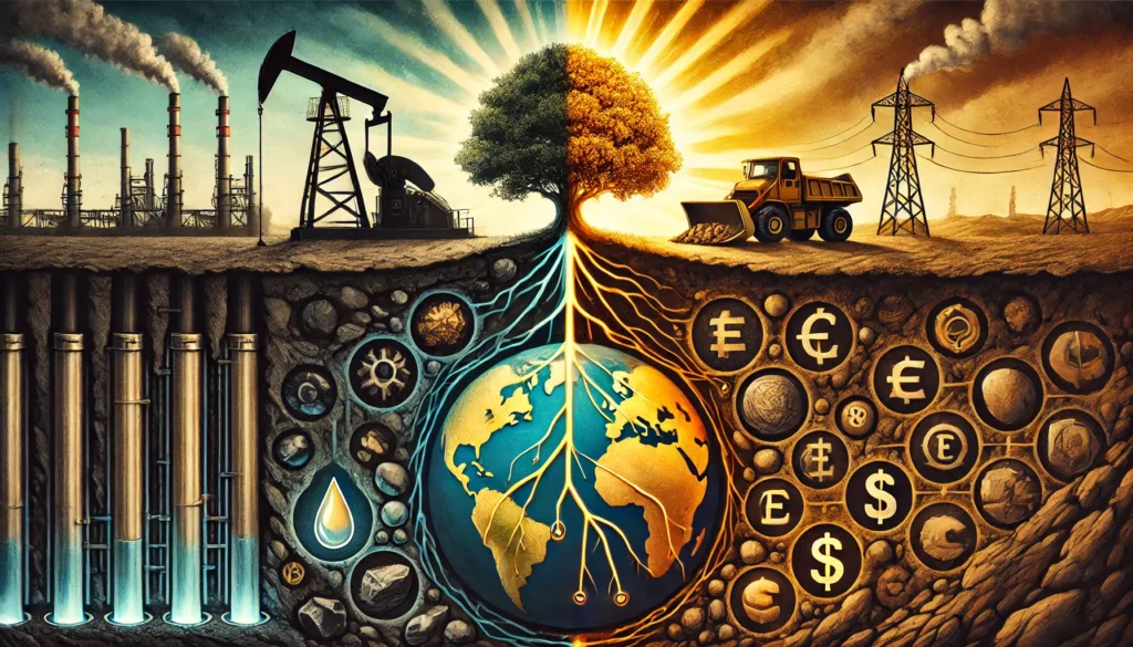 Doorsnede van de aarde met aan de ene kant fossiele brandstoffen, en aan de andere kant een gouden boom van vertrouwen en ethiek