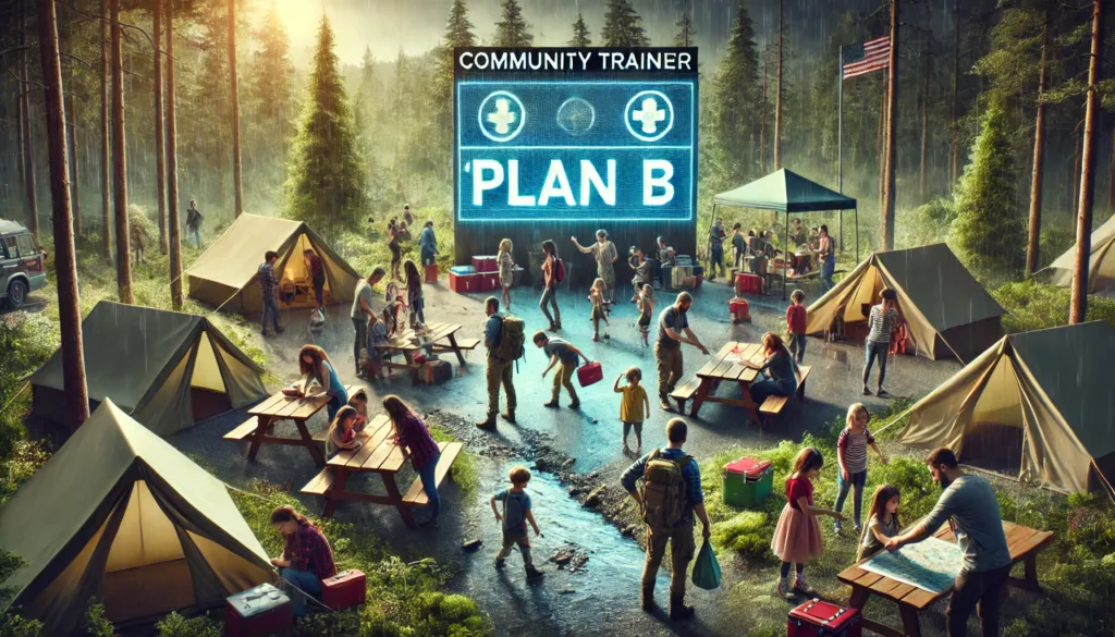 Gezinnen leren samen noodhulp en voorbereiding in een natuurlijk oefencentrum met tenten, kaarten en digitale borden