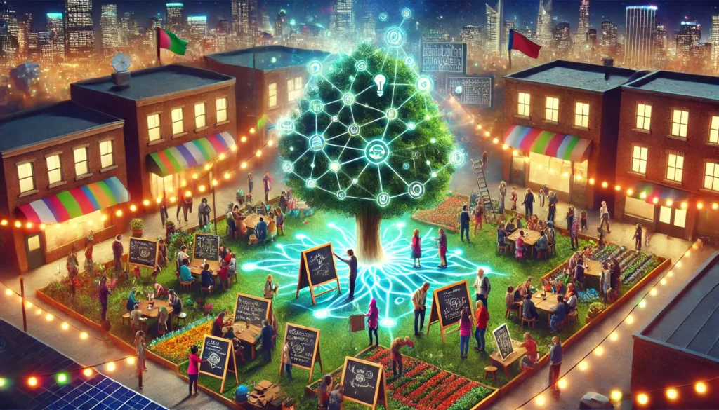 Burgers van alle leeftijden werken samen op een levendig plein aan oplossingen, verbonden door lichtlijnen