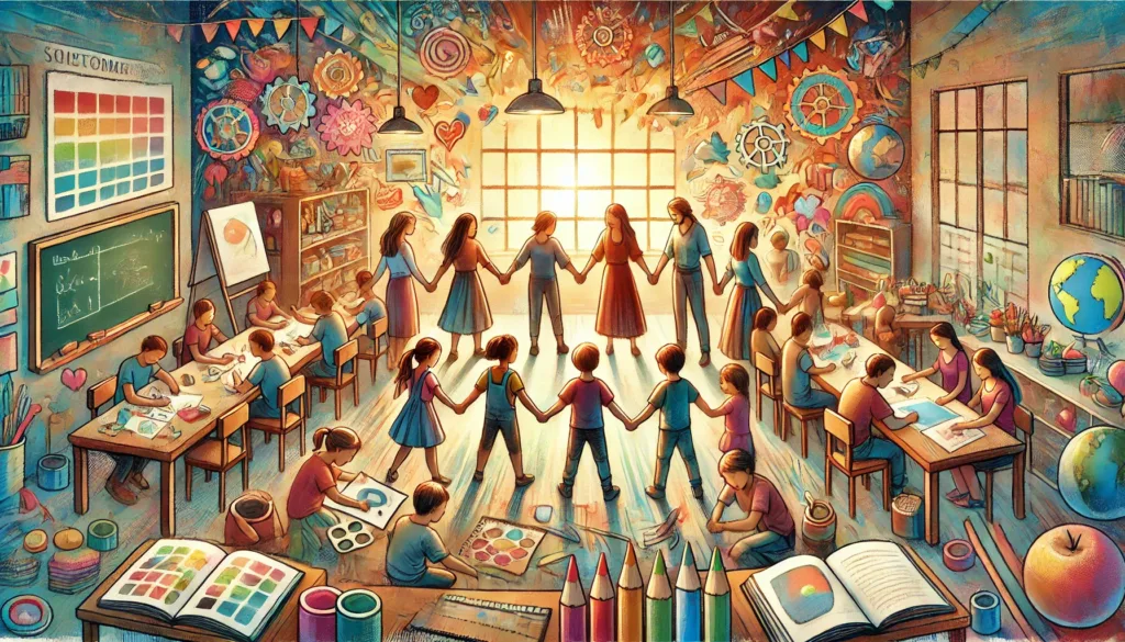 Kinderen en volwassenen werken samen in een kleurrijke klas, verbonden in een keten van steun en samenwerking