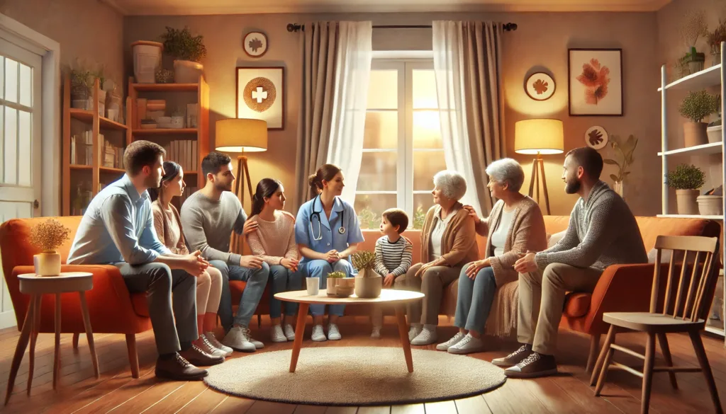 Familie, zorgprofessionals en hulpverleners in open gesprek in een warme woonkamer