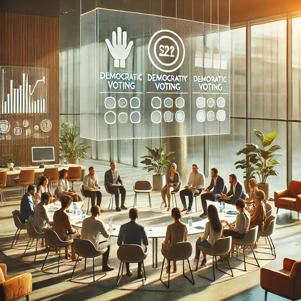 Medewerkers in een cirkel maken samen beslissingen in een open, democratisch kantoor met natuurlijke lichtinval