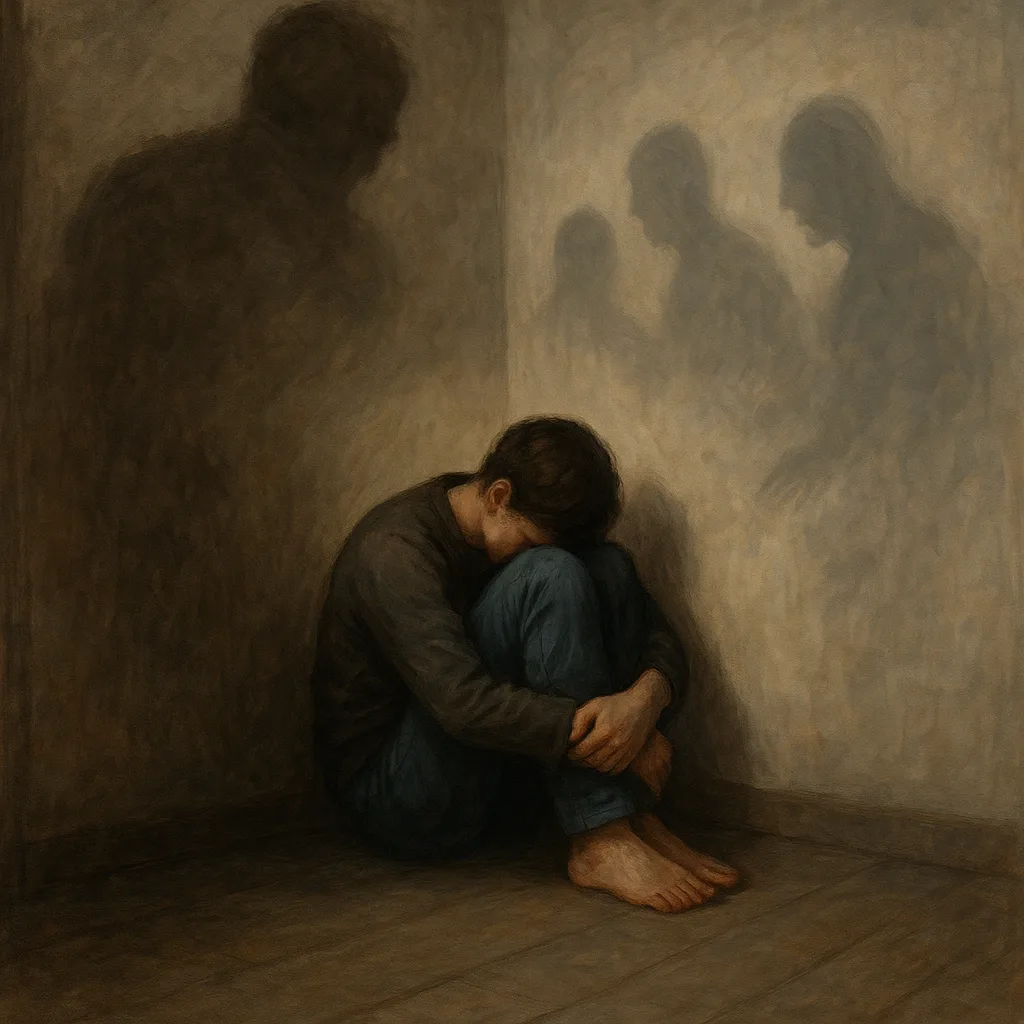 Persoon in psychische nood met symbolen van innerlijke trauma’s.