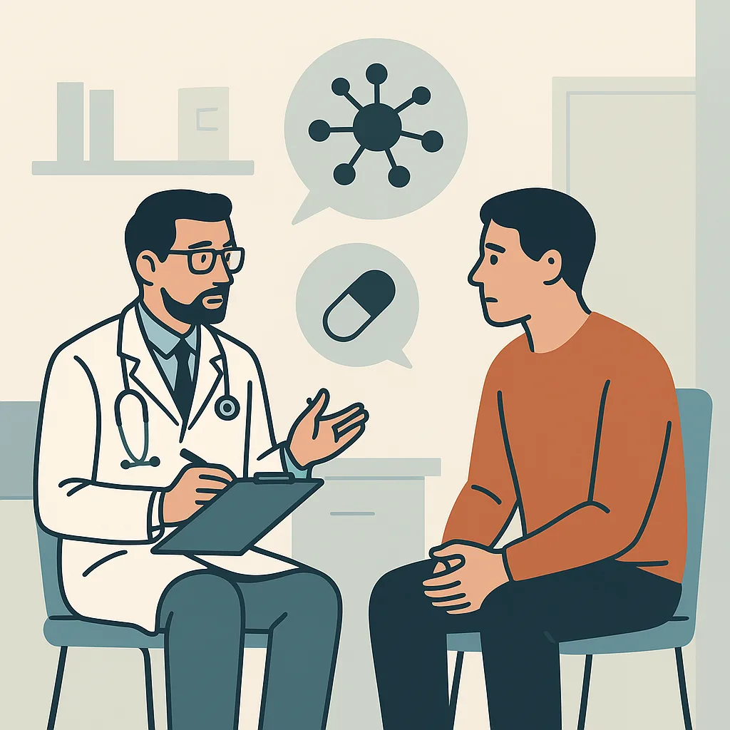 Psychiater in gesprek met patiënt over psychose en behandeling.