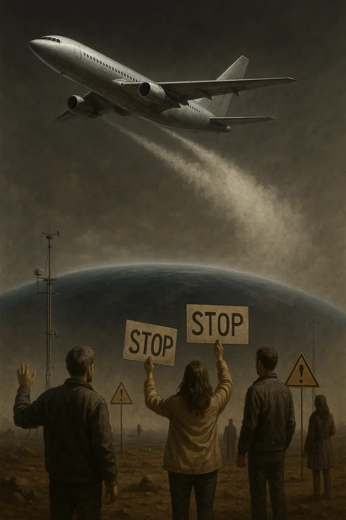 Vliegtuig dat aerosolen verspreidt boven donkere aardbol met toekijkende mensen