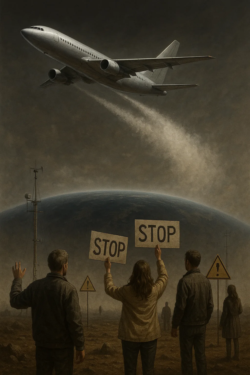 Vliegtuig dat aerosolen verspreidt boven donkere aardbol met toekijkende mensen