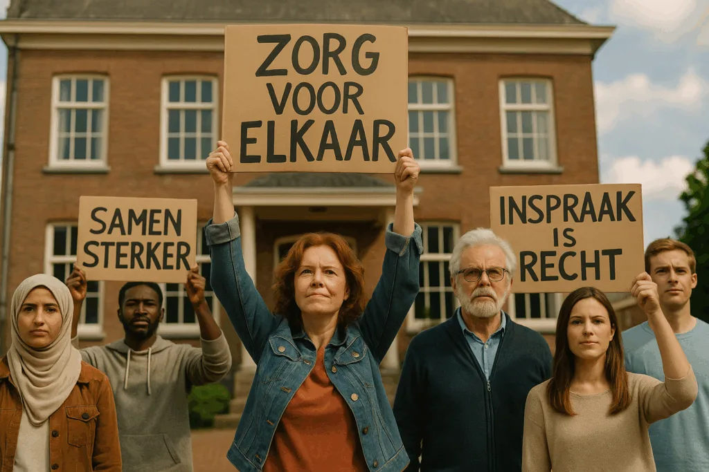Diverse groep burgers houdt borden omhoog met teksten als ‘Zorg voor elkaar’ en ‘Inspraak is recht’