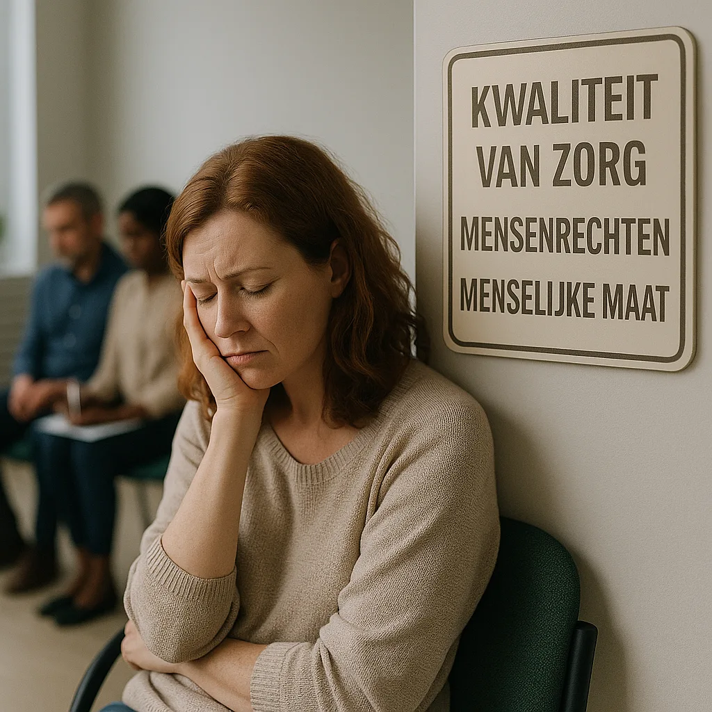 Vrouw met vermoeide blik in wachtkamer, bord ‘Kwaliteit van zorg, mensenrechten, menselijke maat’ zichtbaar