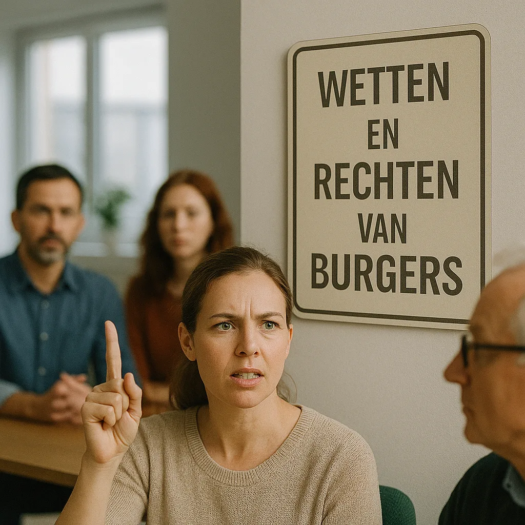 Vrouw wijst op tijdens burgerbijeenkomst, bord ‘Wetten en rechten van burgers’ zichtbaar
