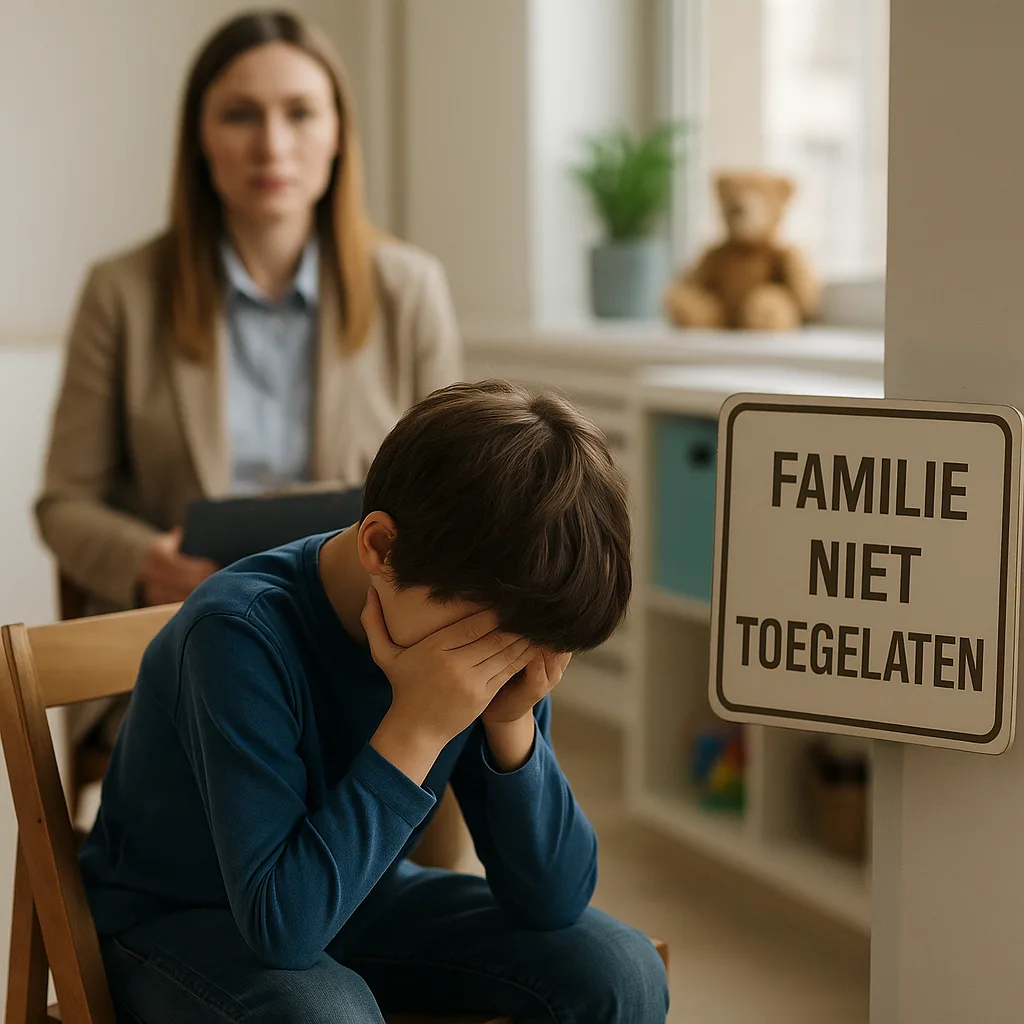 Jongensgezicht in handen in jeugdzorgkantoor, bord ‘Familie niet toegelaten’ zichtbaar