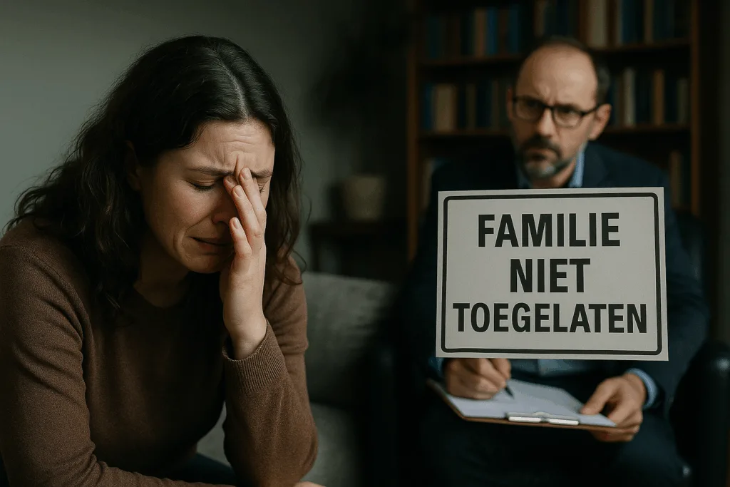 Vrouw huilt op bank in therapieruimte, bord 'Familie niet toegelaten' zichtbaar