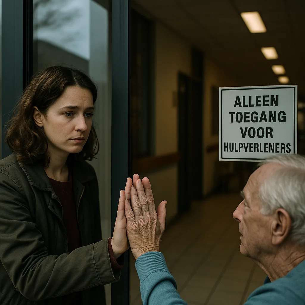 Vrouw raakt hand aan van oudere man door glas in zorginstelling