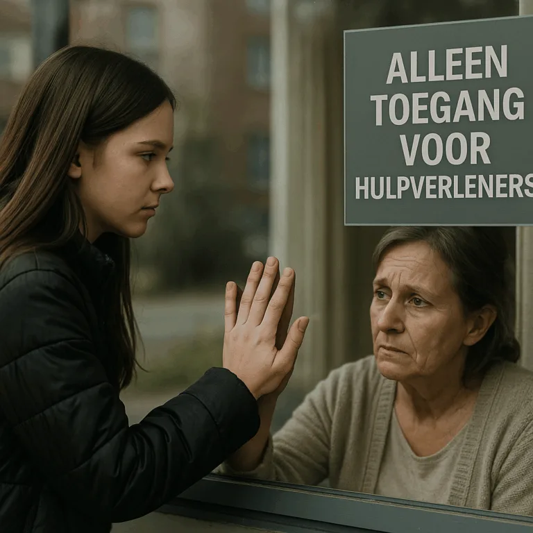 Moeder en dochter gescheiden door glas in zorginstelling, zonder sociale participatie