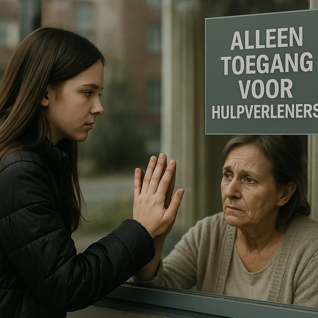 Moeder en dochter gescheiden door glas in zorginstelling, zonder sociale participatie