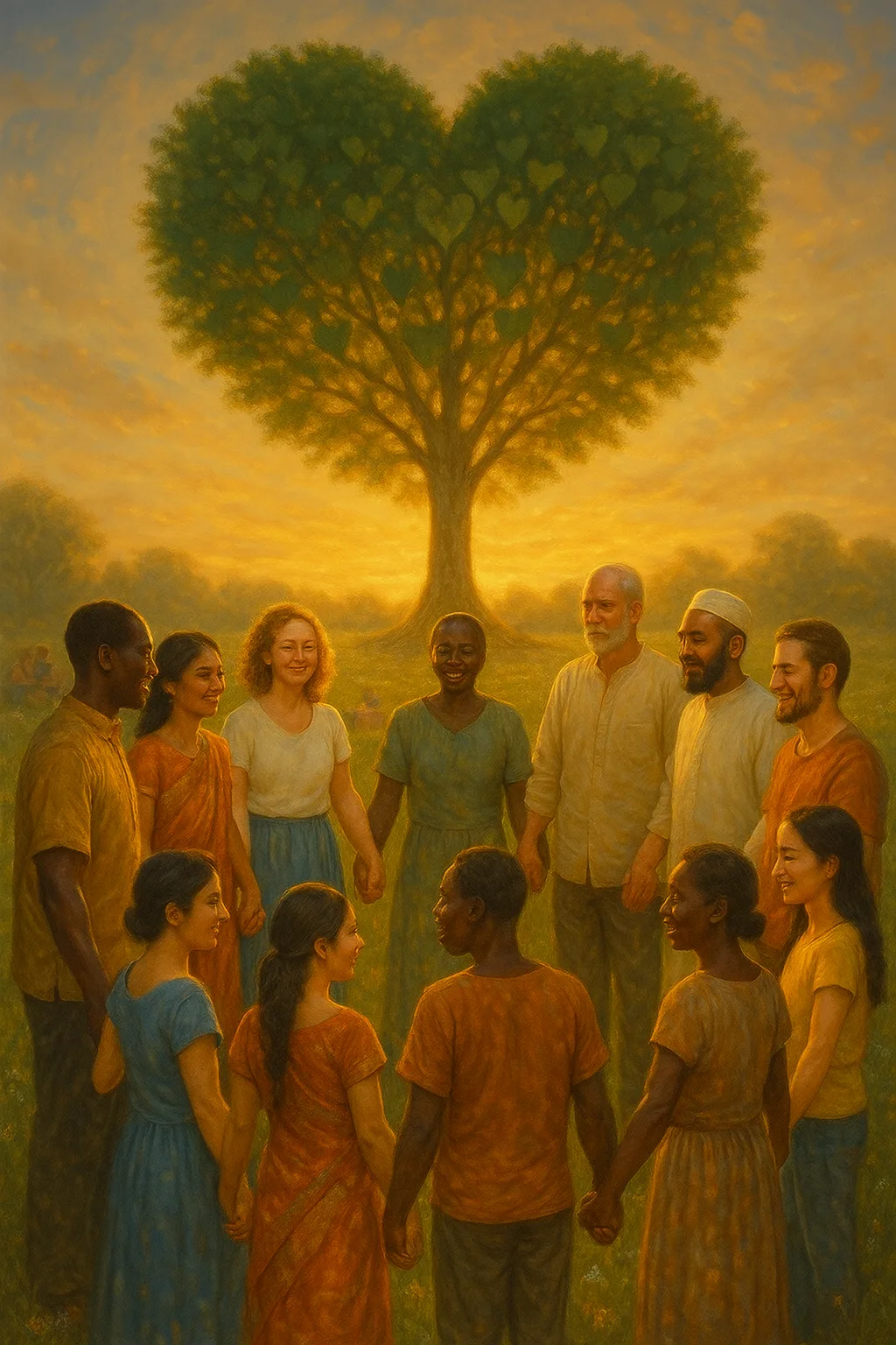 Gemeenschap van mensen uit diverse culturen in een cirkel, verbonden onder een boom, in harmonie.
